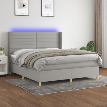 Cama Doble | Cama Box Spring | Cama Para Adultos Colchón Y Luces Led Tela Gris Claro 180x200 Cm Cfw464950