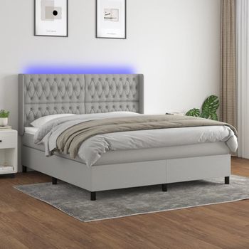 Cama Doble | Cama Box Spring | Cama Para Adultos Colchón Y Luces Led Tela Gris Claro 180x200 Cm Cfw847937