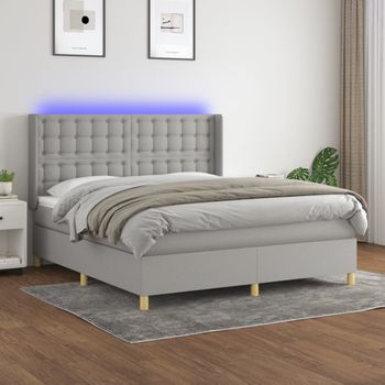 Cama Matrimonial | Cama Para Adultos | Cama Box Spring Colchón Y Luces Led Tela Gris Claro 180x200 Cm Cfw893638