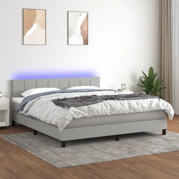 Cama Matrimonial | Cama Para Adultos | Cama Box Spring Colchón Y Luces Led Tela Gris Claro 180x200 Cm Cfw548931