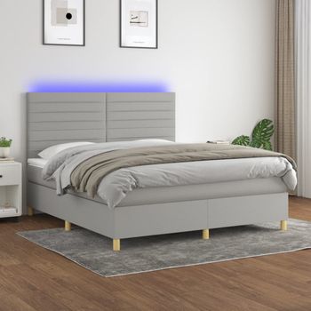 Cama Doble | Cama Box Spring | Cama Para Adultos Colchón Y Luces Led Tela Gris Claro 180x200 Cm Cfw156646