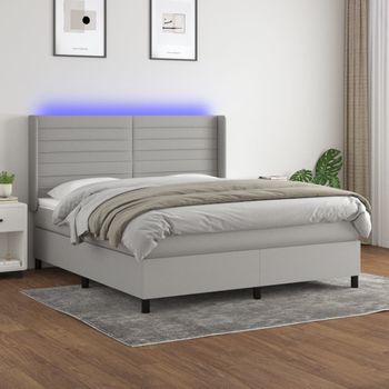 Cama Doble | Cama Box Spring | Cama Para Adultos Colchón Y Luces Led Tela Gris Claro 180x200 Cm Cfw195598