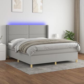 Cama Matrimonial | Cama Para Adultos | Cama Box Spring Colchón Y Luces Led Tela Gris Claro 180x200 Cm Cfw328644