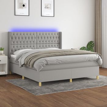 Cama Doble | Cama Box Spring | Cama Para Adultos Colchón Y Luces Led Tela Gris Claro 180x200 Cm Cfw362913