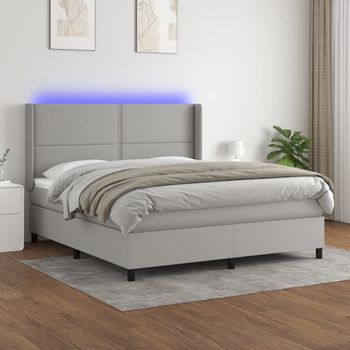 Cama Matrimonial | Cama Para Adultos | Cama Box Spring Colchón Y Luces Led Tela Gris Claro 180x200 Cm Cfw391357