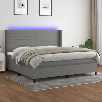 Cama Doble | Cama Box Spring | Cama Para Adultos Colchón Y Luces Led Tela Gris Claro 200x200 Cm Cfw993260