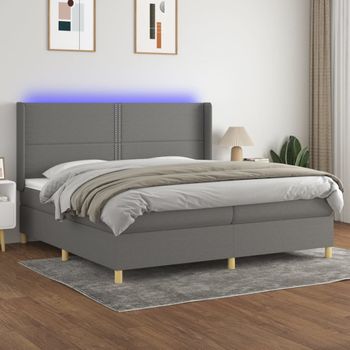 Cama Doble | Cama Box Spring | Cama Para Adultos Colchón Y Luces Led Tela Gris Claro 200x200 Cm Cfw500280