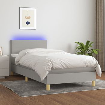 Cama Individual | Cama Box Spring | Cama Para Adultos Colchón Y Luces Led Tela Gris Claro 80x200 Cm Cfw784271