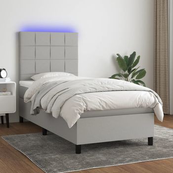 Cama Individual | Cama Box Spring | Cama Para Adultos Colchón Y Luces Led Tela Gris Claro 80x200 Cm Cfw870678