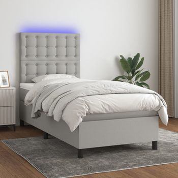 Cama Individual | Cama Box Spring | Cama Para Adultos Colchón Y Luces Led Tela Gris Claro 80x200 Cm Cfw871954