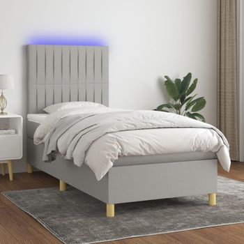 Cama Individual | Cama Box Spring | Cama Para Adultos Colchón Y Luces Led Tela Gris Claro 80x200 Cm Cfw178442