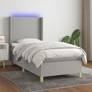 Cama Individual | Cama Box Spring | Cama Para Adultos Colchón Y Luces Led Tela Gris Claro 80x200 Cm Cfw240089