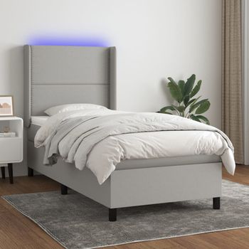 Cama Individual | Cama Para Adultos | Cama Box Spring Colchón Y Luces Led Tela Gris Claro 80x200 Cm Cfw102136