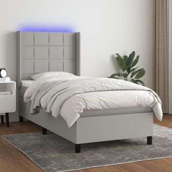 Cama Individual | Cama Box Spring | Cama Para Adultos Colchón Y Luces Led Tela Gris Claro 90x190 Cm Cfw880886