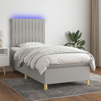 Cama Individual | Cama Box Spring | Cama Para Adultos Colchón Y Luces Led Tela Gris Claro 90x190 Cm Cfw840839