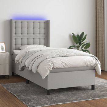 Cama Para Adulto | Cama Individual | Cama Box Spring Colchón Y Luces Led Tela Gris Claro 90x200 Cm Cfw905658