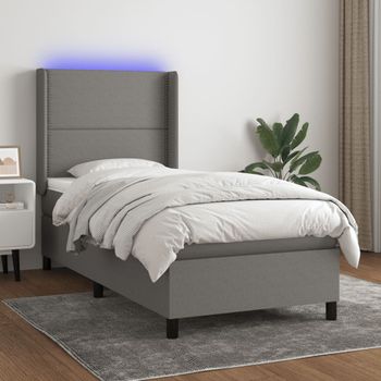 Cama Individual | Cama Box Spring | Cama Para Adultos Colchón Y Luces Led Tela Gris Oscuro 100x200 Cm Cfw954827