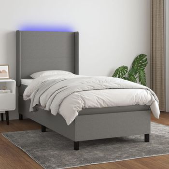 Cama Individual | Cama Box Spring | Cama Para Adultos Colchón Y Luces Led Tela Gris Oscuro 100x200 Cm Cfw938666