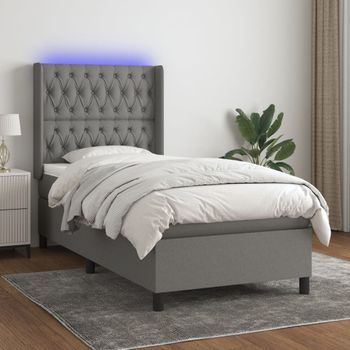 Cama Individual | Cama Box Spring | Cama Para Adultos Colchón Y Luces Led Tela Gris Oscuro 100x200 Cm Cfw357867