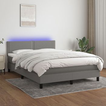 Cama Matrimonial | Cama Para Adultos | Cama Box Spring Colchón Y Luces Led Tela Gris Oscuro 140x190 Cm Cfw992261