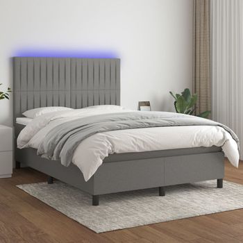 Cama Doble | Cama Box Spring | Cama Para Adultos Colchón Y Luces Led Tela Gris Oscuro 140x190 Cm Cfw545719