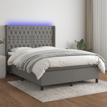 Cama Doble | Cama Box Spring | Cama Para Adultos Colchón Y Luces Led Tela Gris Oscuro 140x190 Cm Cfw427167