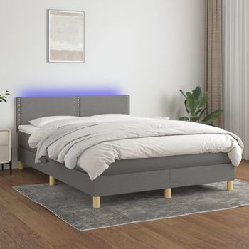 Cama Doble | Cama Box Spring | Cama Para Adultos Colchón Y Luces Led Tela Gris Oscuro 140x190 Cm Cfw720416