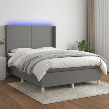 Cama Doble | Cama Box Spring | Cama Para Adultos Colchón Y Luces Led Tela Gris Oscuro 140x190 Cm Cfw923157