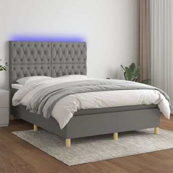 Cama Doble | Cama Box Spring | Cama Para Adultos Colchón Y Luces Led Tela Gris Oscuro 140x190 Cm Cfw229390