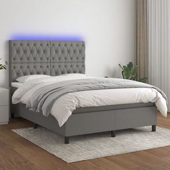 Cama Doble | Cama Box Spring | Cama Para Adultos Colchón Y Luces Led Tela Gris Oscuro 140x190 Cm Cfw925450