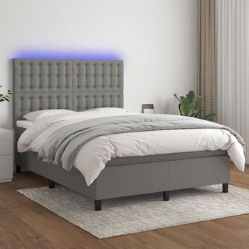 Cama Matrimonial | Cama Para Adultos | Cama Box Spring Colchón Y Luces Led Tela Gris Oscuro 140x190 Cm Cfw690946