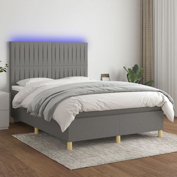 Cama Doble | Cama Box Spring | Cama Para Adultos Colchón Y Luces Led Tela Gris Oscuro 140x190 Cm Cfw679491