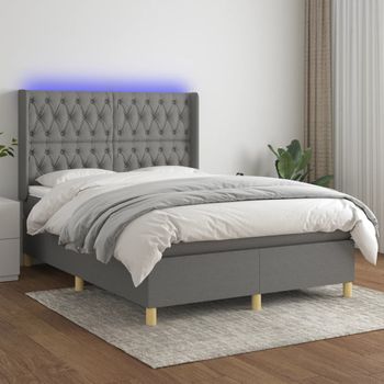 Cama Doble | Cama Box Spring | Cama Para Adultos Colchón Y Luces Led Tela Gris Oscuro 140x190 Cm Cfw776580