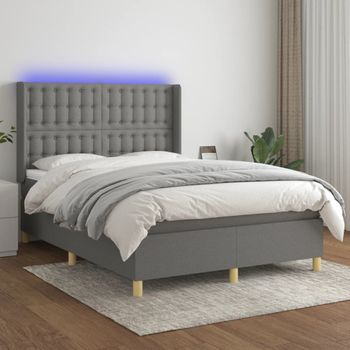 Cama Matrimonial | Cama Para Adultos | Cama Box Spring Colchón Y Luces Led Tela Gris Oscuro 140x190 Cm Cfw560786