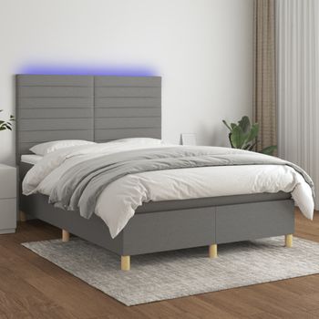 Cama Doble | Cama Box Spring | Cama Para Adultos Colchón Y Luces Led Tela Gris Oscuro 140x190 Cm Cfw943158