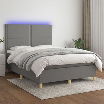 Cama Doble | Cama Box Spring | Cama Para Adultos Colchón Y Luces Led Tela Gris Oscuro 140x190 Cm Cfw629419