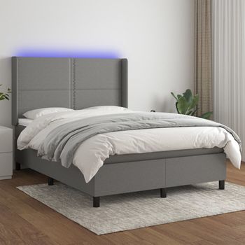 Cama Doble | Cama Box Spring | Cama Para Adultos Colchón Y Luces Led Tela Gris Oscuro 140x190 Cm Cfw459168