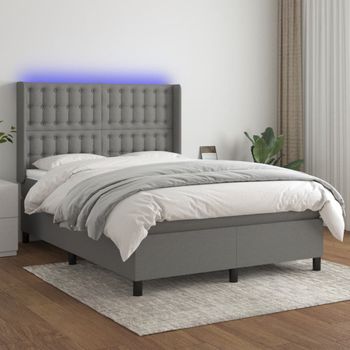 Cama Matrimonial | Cama Para Adultos | Cama Box Spring Colchón Y Luces Led Tela Gris Oscuro 140x190 Cm Cfw804483