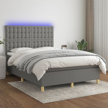 Cama Matrimonial | Cama Para Adultos | Cama Box Spring Colchón Y Luces Led Tela Gris Oscuro 140x190 Cm Cfw366246