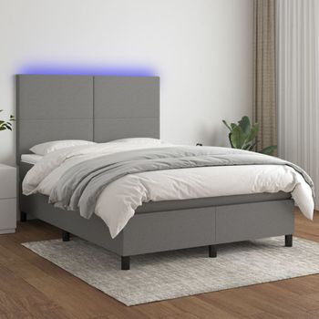 Cama Doble | Cama Box Spring | Cama Para Adultos Colchón Y Luces Led Tela Gris Oscuro 140x200 Cm Cfw130672