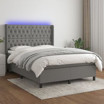 Cama Doble | Cama Box Spring | Cama Para Adultos Colchón Y Luces Led Tela Gris Oscuro 140x200 Cm Cfw846261