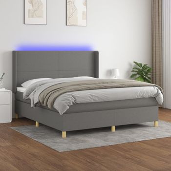 Cama Doble | Cama Box Spring | Cama Para Adultos Colchón Y Luces Led Tela Gris Oscuro 160x200 Cm Cfw852826