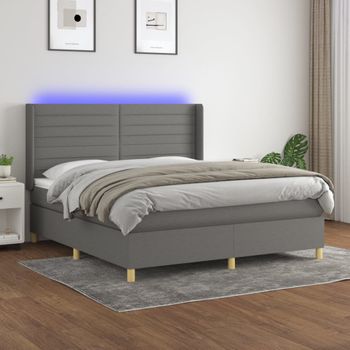 Cama Doble | Cama Box Spring | Cama Para Adultos Colchón Y Luces Led Tela Gris Oscuro 160x200 Cm Cfw577477