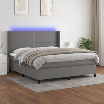 Cama Matrimonial | Cama Para Adultos | Cama Box Spring Colchón Y Luces Led Tela Gris Oscuro 160x200 Cm Cfw864019