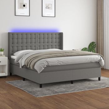 Cama Matrimonial | Cama Para Adultos | Cama Box Spring Colchón Y Luces Led Tela Gris Oscuro 160x200 Cm Cfw572821