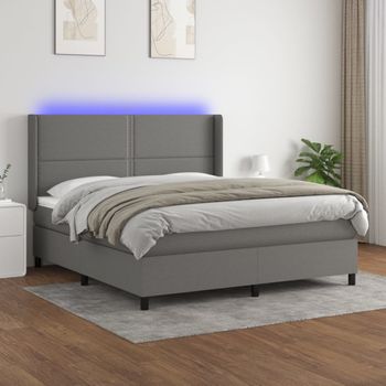 Cama Matrimonial | Cama Para Adultos | Cama Box Spring Colchón Y Luces Led Tela Gris Oscuro 180x200 Cm Cfw357494