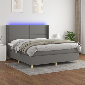 Cama Matrimonial | Cama Para Adultos | Cama Box Spring Colchón Y Luces Led Tela Gris Oscuro 180x200 Cm Cfw841588