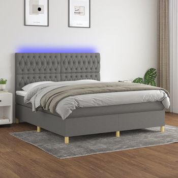 Cama Doble | Cama Box Spring | Cama Para Adultos Colchón Y Luces Led Tela Gris Oscuro 180x200 Cm Cfw799612