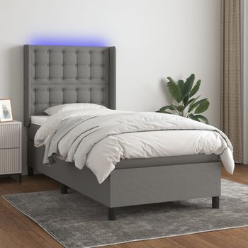 Cama Individual | Cama Box Spring | Cama Para Adultos Colchón Y Luces Led Tela Gris Oscuro 80x200 Cm Cfw547730