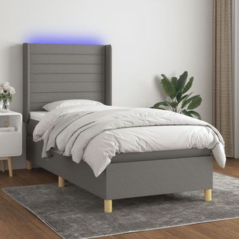 Cama Individual | Cama Box Spring | Cama Para Adultos Colchón Y Luces Led Tela Gris Oscuro 80x200 Cm Cfw500005